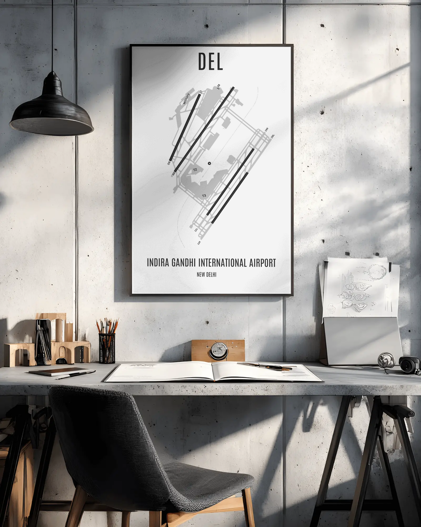 Indira Gandhi International Airport Delhi (DEL) Map Poster – A3 Framed